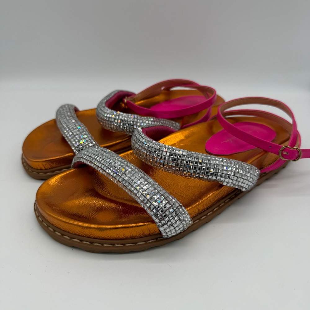 Luiza Barcelos Metallic Orange Crystal Embellished Sandals Pink Straps Size 38